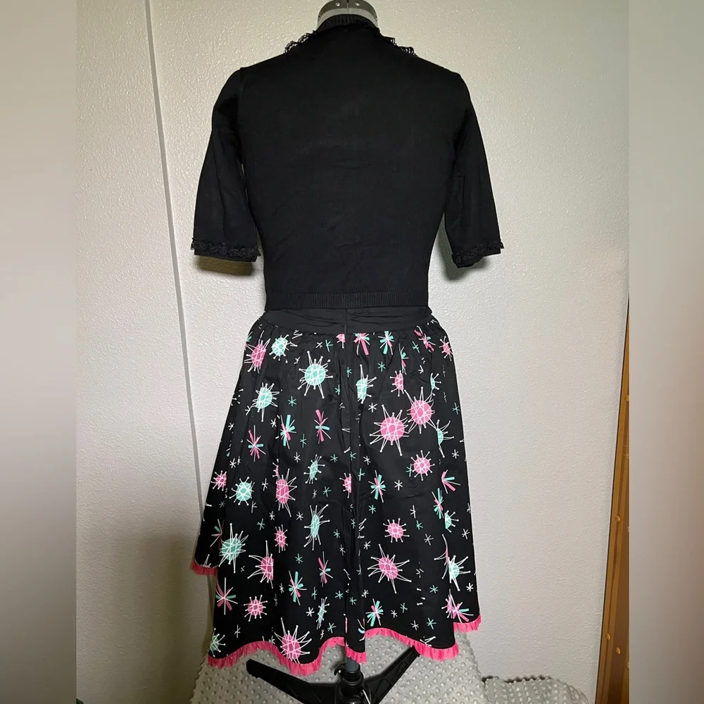 Sourpuss Black Form Fitting Cardigan with Aqua Starburst and Lace Sz XL NWT - Picture 9 of 10